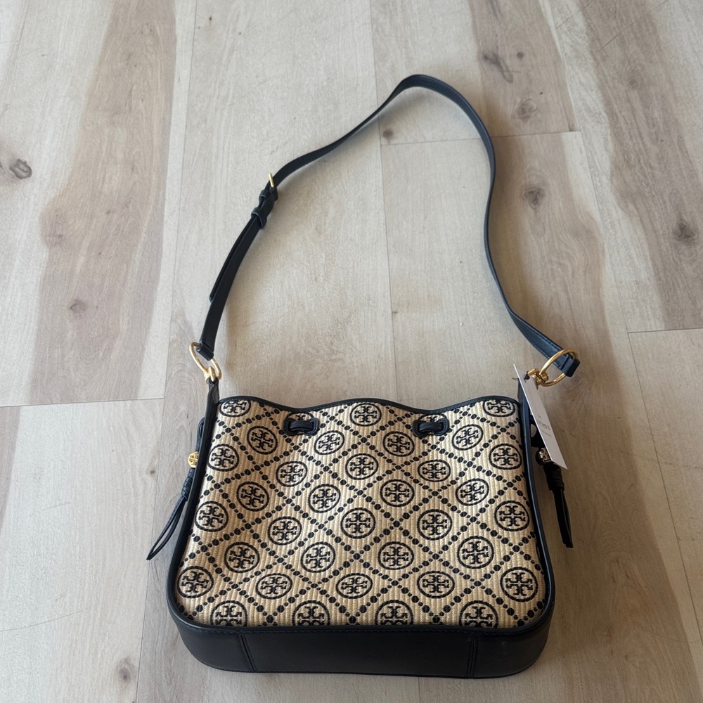 Tory Burch Black & Natural Logo-Print Shoulder Bag with Gold Hardware